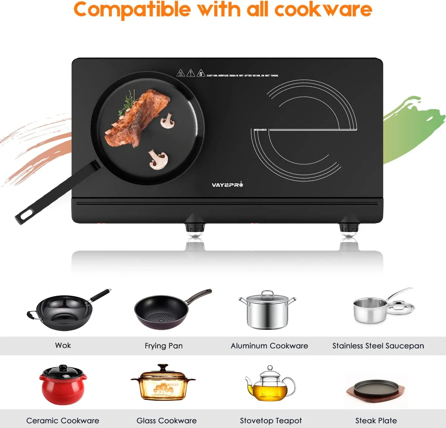 Infrared Double Burner Electric Cooktop - 1800W Portable Stove, Heat-up In Seconds, Countertop Cooktop for Dorm, Compatible with All Cookware