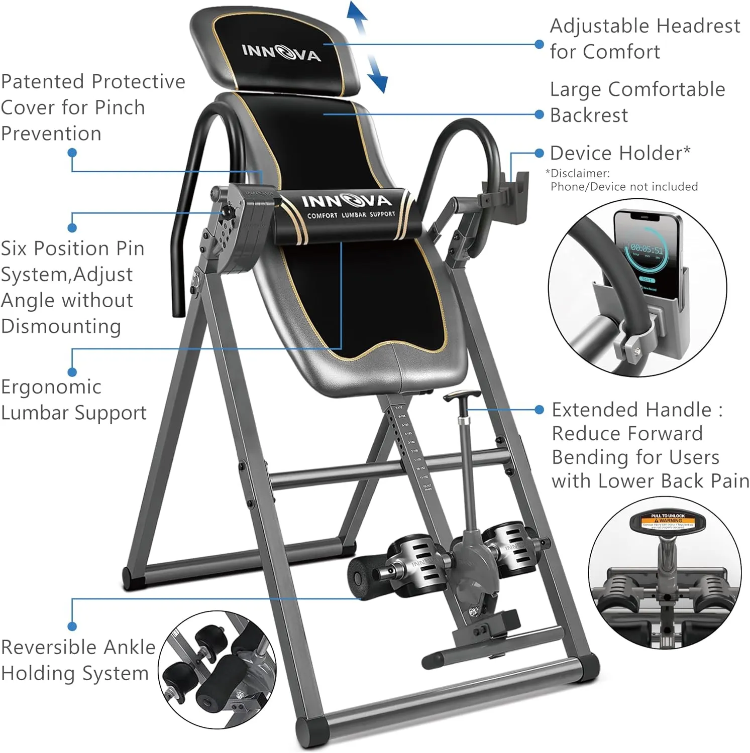 Innova Inversion Table with Adjustable Headrest, Reversible Ankle Holders, and 300 lb Weight Capacity