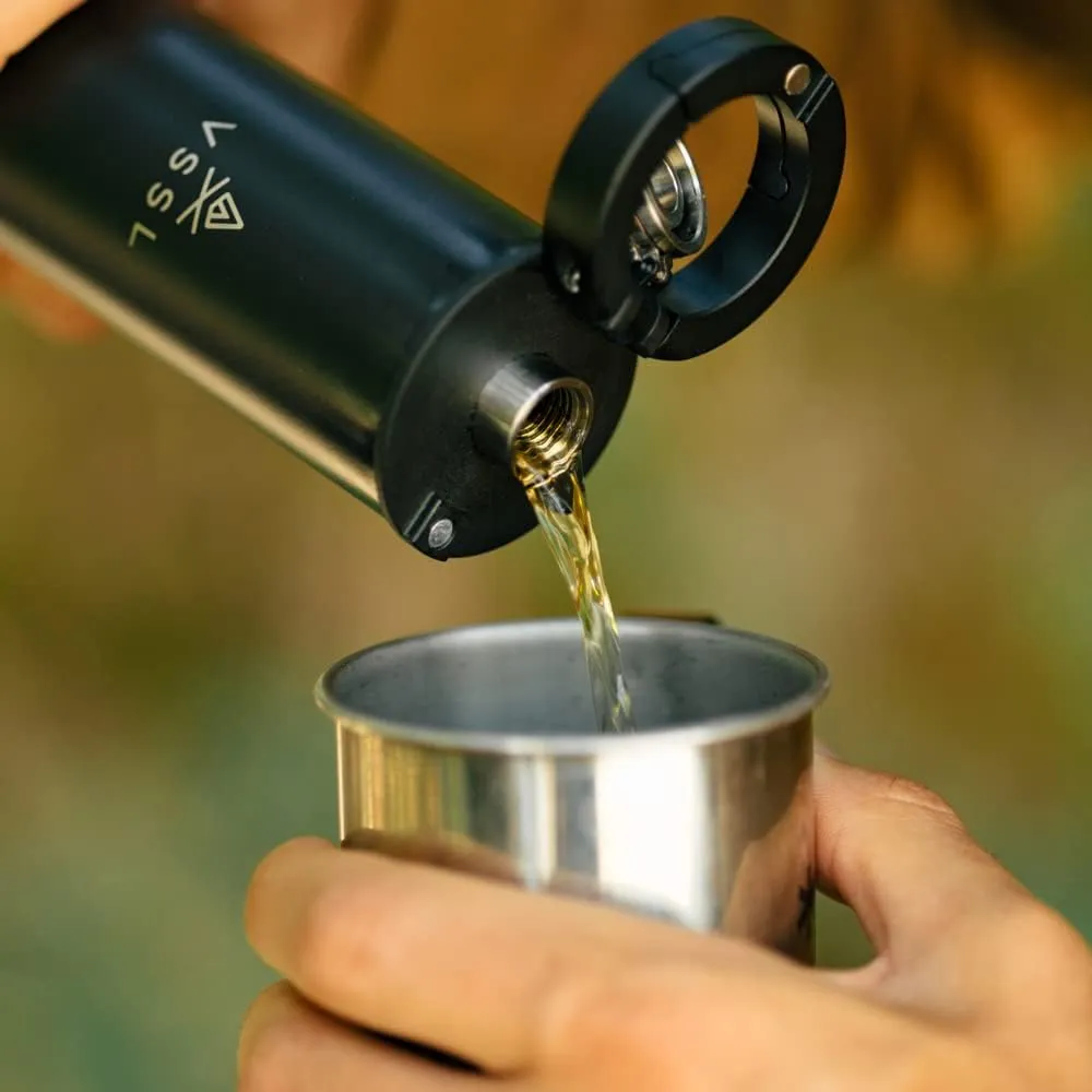 Insulated Flask with Light, 8 oz Double-Walled Vacuum Sealed Stainless Steel, Leak-Proof Drinking Cap, Split Flip Carabiner for Easy Attachment, Black