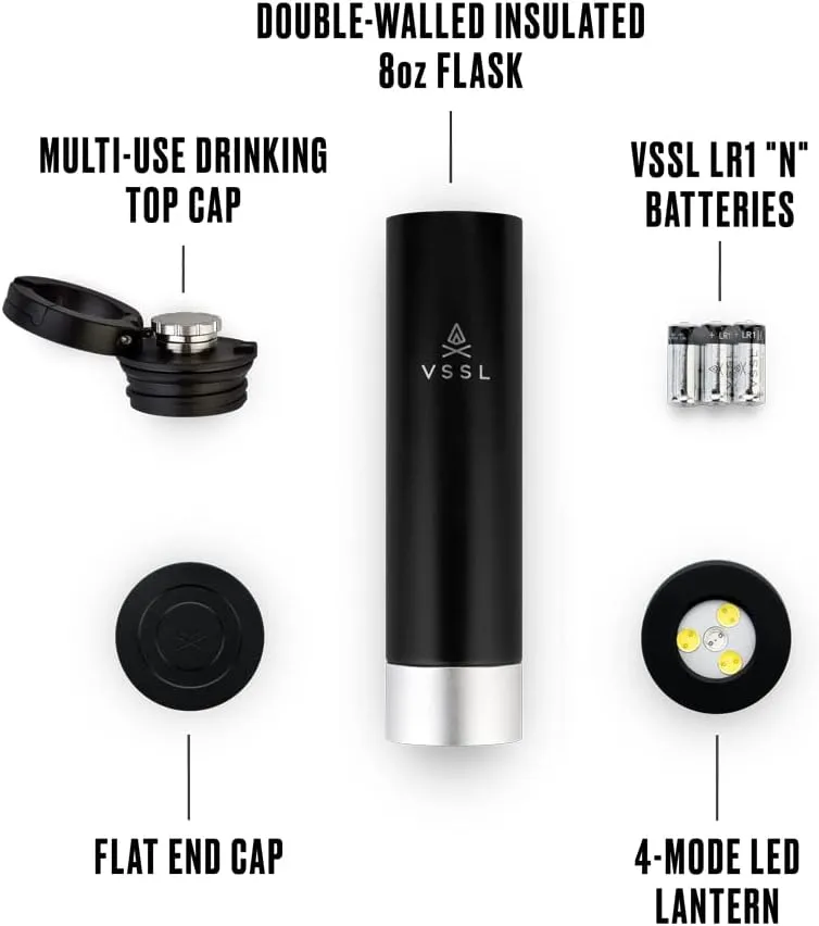 Insulated Flask with Light, 8 oz Double-Walled Vacuum Sealed Stainless Steel, Leak-Proof Drinking Cap, Split Flip Carabiner for Easy Attachment, Black