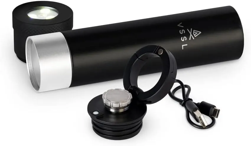 Insulated Flask with Light, 8 oz Double-Walled Vacuum Sealed Stainless Steel, Leak-Proof Drinking Cap, Split Flip Carabiner for Easy Attachment, Black
