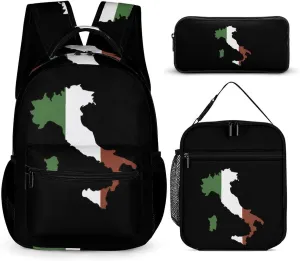 Italy Map Flag Funny Backpack Set Lunch Bag Pencil Case Bag 3 in 1 for Men Women Travel Backpacks