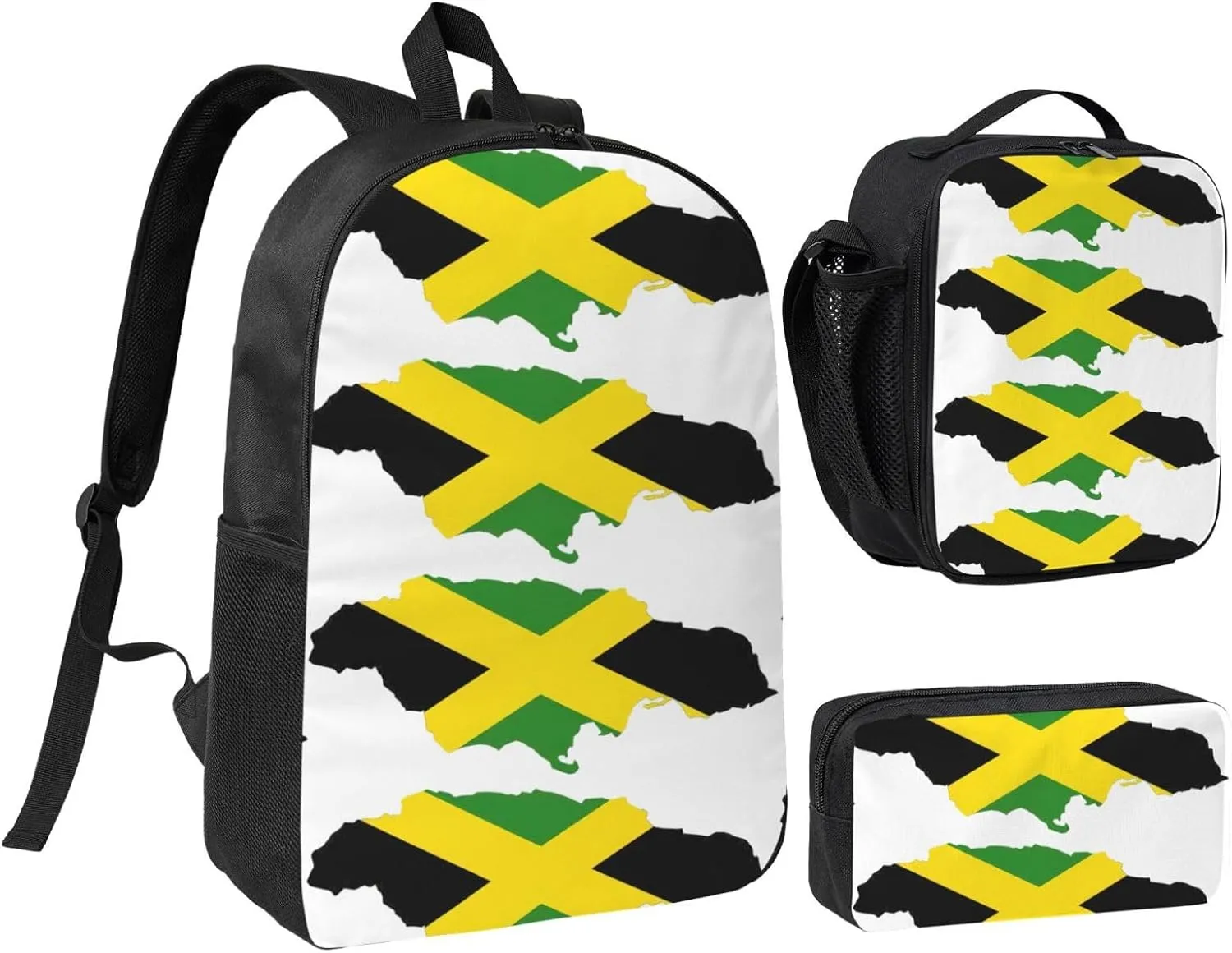 Jamaica Flag Map print Backpacks With Lunch Pack Pencil Case 3pcs, Lightweight Bookbag Unisex for Traveling