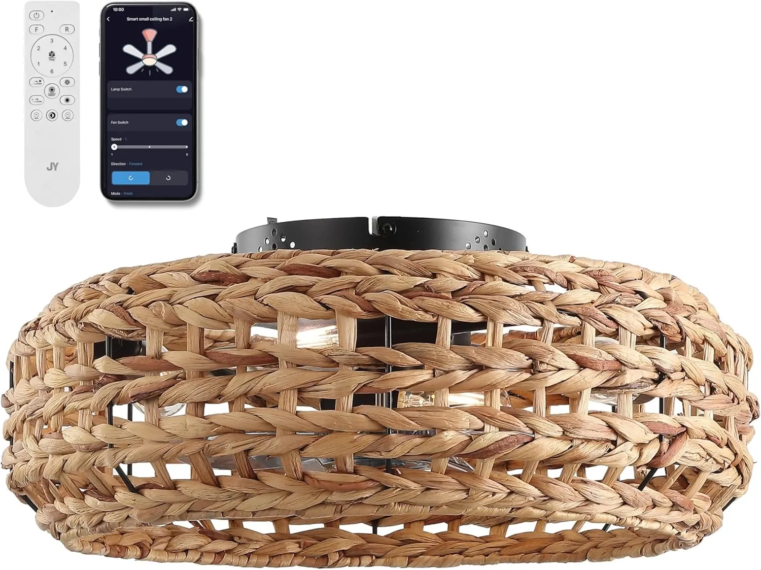 JONATHAN Y JYL9733A Archer 20.25" 4-Light Coastal Bohemian 6-Speed Metal/Seagrass Mobile-App/Remote-Controlled Lantern LED Ceiling Fan, Brown/Black for Living Room, Dining Room