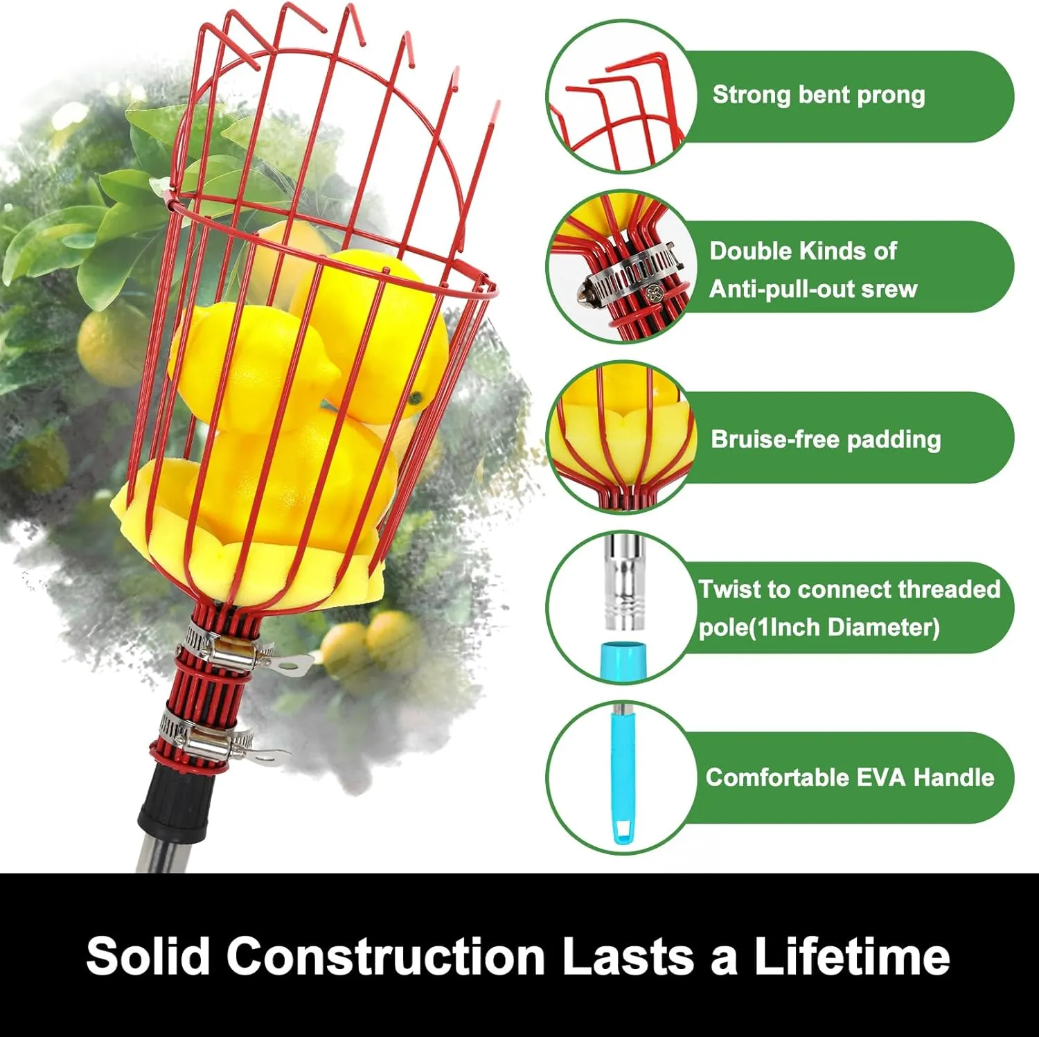 joyhalo Fruit Picker Polel with Basket, 8 Ft Apple Picker with Adjustable Stainless Steel Handle, Fruit Picking Basket for Getting Fruits Lemons Apples Guavas Avocados Pears Mangoes Oranges