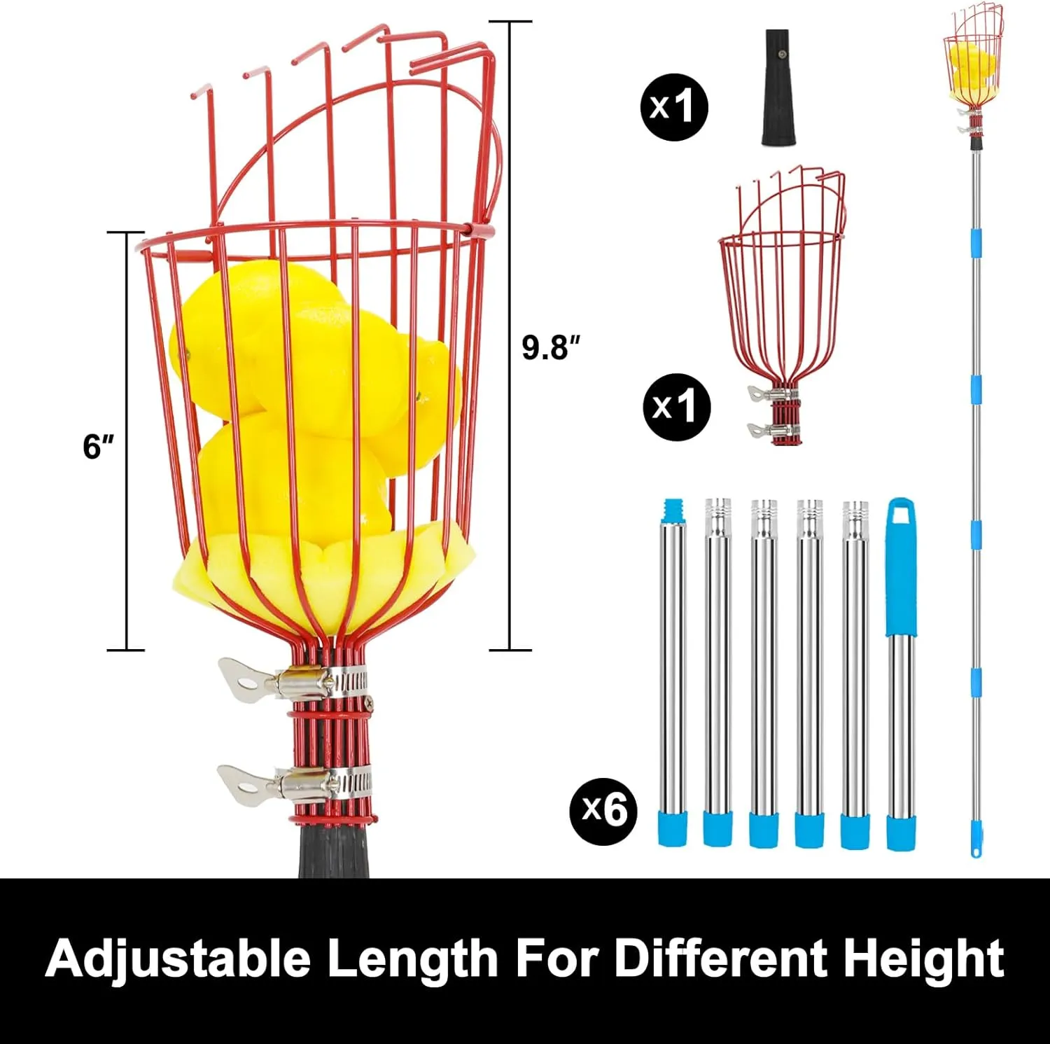 joyhalo Fruit Picker Polel with Basket, 8 Ft Apple Picker with Adjustable Stainless Steel Handle, Fruit Picking Basket for Getting Fruits Lemons Apples Guavas Avocados Pears Mangoes Oranges