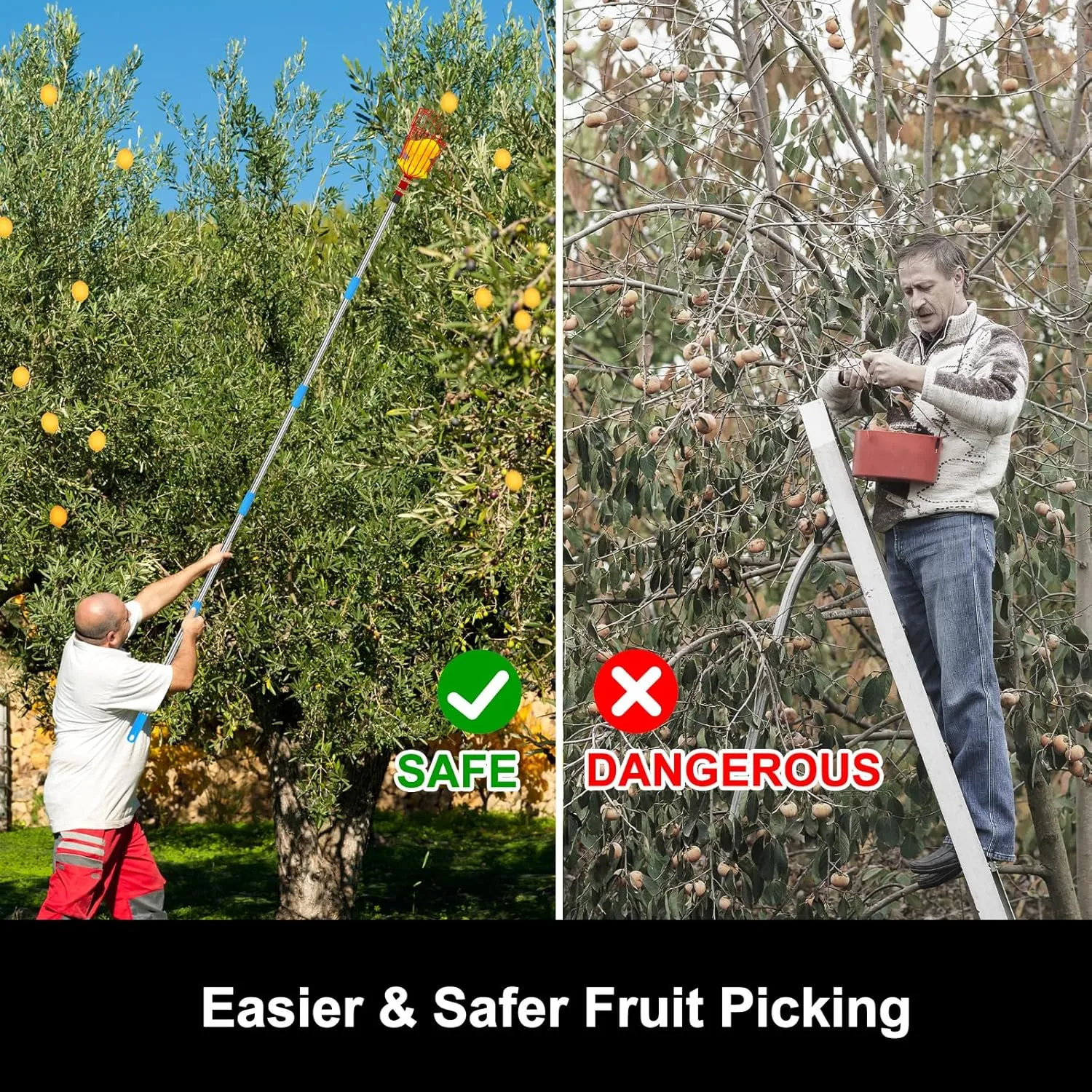 joyhalo Fruit Picker Polel with Basket, 8 Ft Apple Picker with Adjustable Stainless Steel Handle, Fruit Picking Basket for Getting Fruits Lemons Apples Guavas Avocados Pears Mangoes Oranges