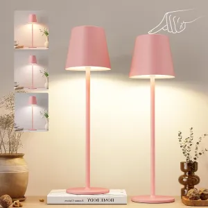 Kakanuo Pink Cordless Table Lamps, Rechargeable Lamp, Battery Operated Lamps, Touch Control Table Lamps, 3 Color Temperature, Stepless Dimmable, LED Portable Wireless Battery Lamp, Set of 2