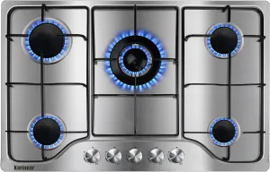 Karinear Gas Stove Gas Cooktop 30 Inch 5 Burners, Built-in Stainless Steel Gas Hob, NG/LPG Dual Fuel Gas Stovetop with Thermocouple Protection for Apartments, Indoor (Come with Pressure Regulator)