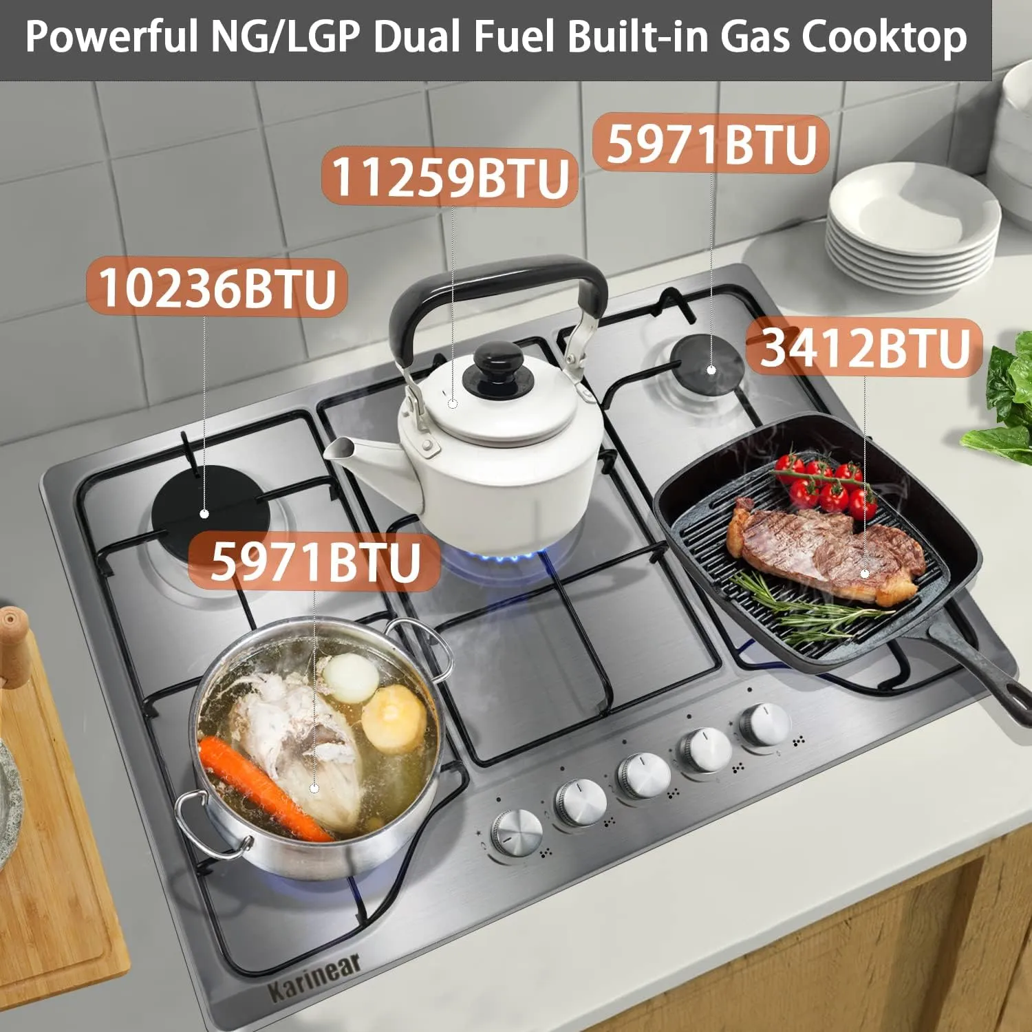 Karinear Gas Stove Gas Cooktop 30 Inch 5 Burners, Built-in Stainless Steel Gas Hob, NG/LPG Dual Fuel Gas Stovetop with Thermocouple Protection for Apartments, Indoor (Come with Pressure Regulator)