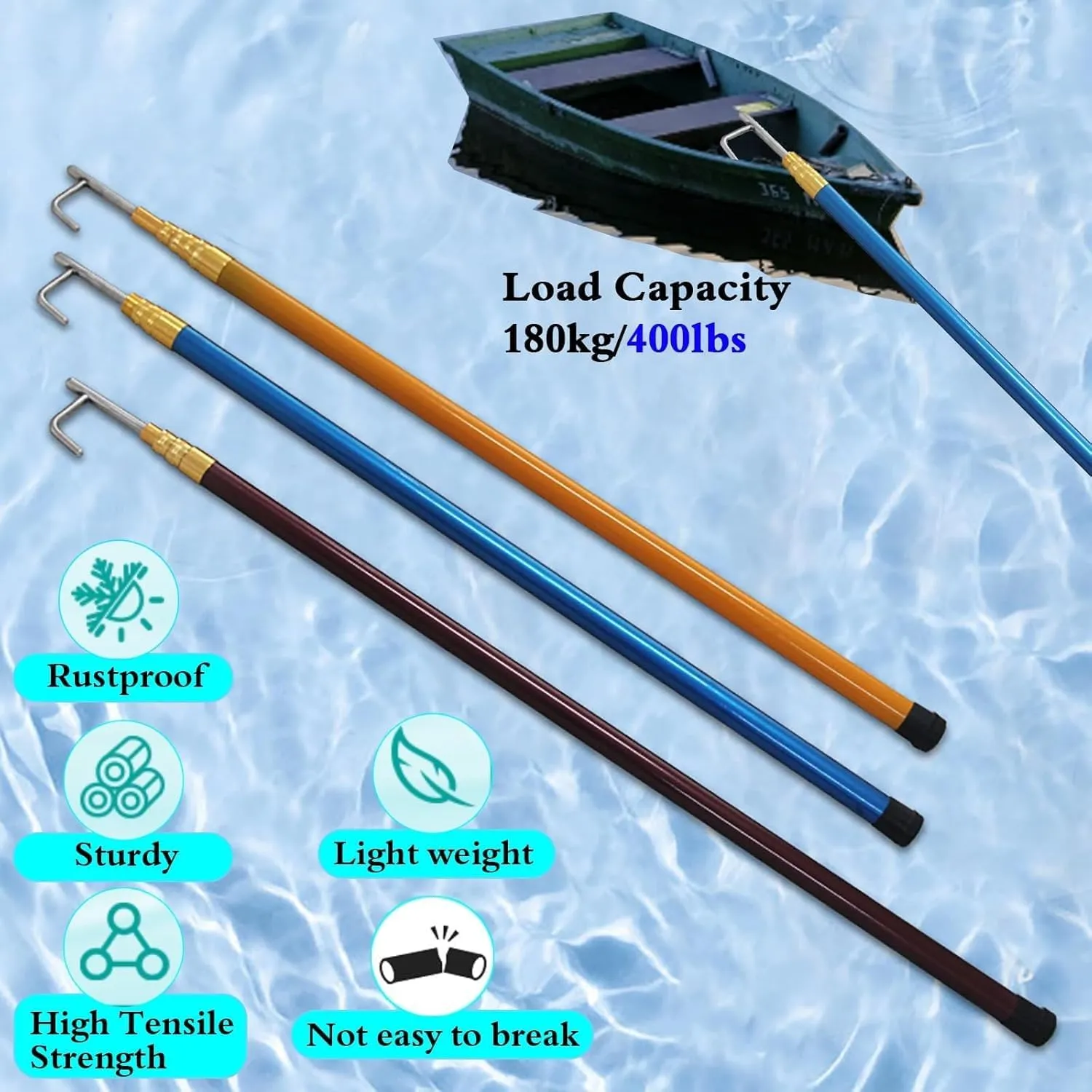 Katzowen 13' 16 Ft 20 Feet Long Adjustable Rustproof Safety Boat Push Pole, Telescoping Retrieval Hook Utility, for Docking Rope, Swimming Pool Rescuing Gripping Tool