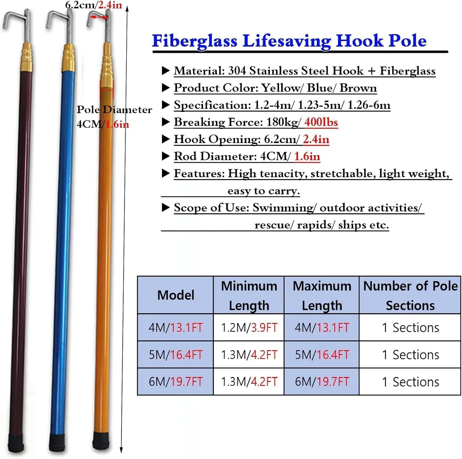 Katzowen 13' 16 Ft 20 Feet Long Adjustable Rustproof Safety Boat Push Pole, Telescoping Retrieval Hook Utility, for Docking Rope, Swimming Pool Rescuing Gripping Tool