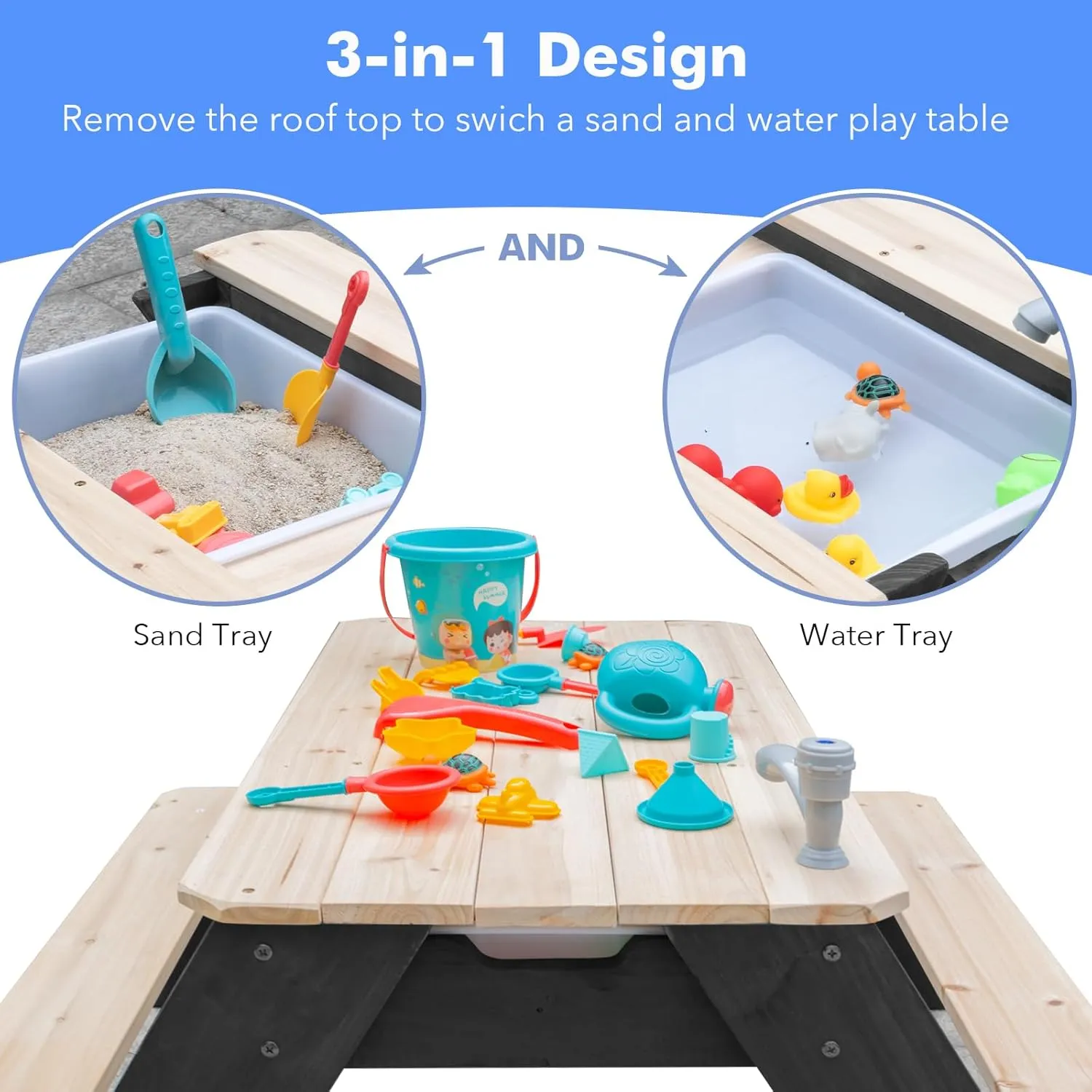 Kids 3-in-1 Sand & Water Table, Wood Outdoor Convertible Picnic Table with Umbrella, 2 Trays, Removable Top with Faucet, Picnic for Outdoor (Black/Navy)