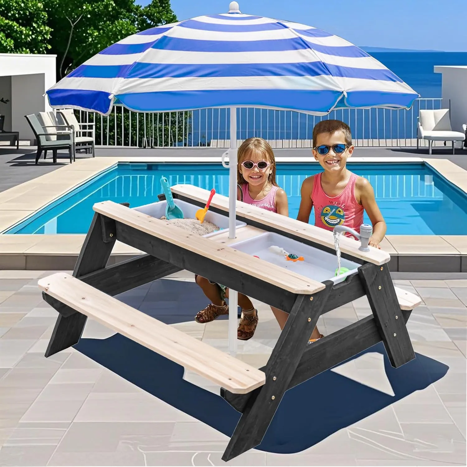 Kids 3-in-1 Sand & Water Table, Wood Outdoor Convertible Picnic Table with Umbrella, 2 Trays, Removable Top with Faucet, Picnic for Outdoor (Black/Navy)