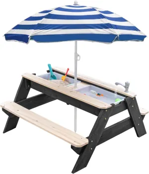 Kids 3-in-1 Sand & Water Table, Wood Outdoor Convertible Picnic Table with Umbrella, 2 Trays, Removable Top with Faucet, Picnic for Outdoor (Black/Navy)