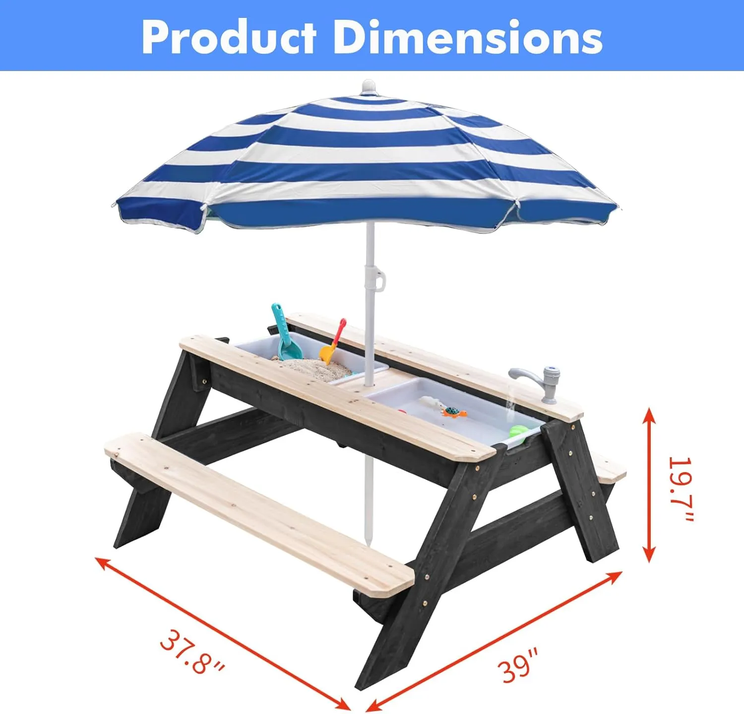 Kids 3-in-1 Sand & Water Table, Wood Outdoor Convertible Picnic Table with Umbrella, 2 Trays, Removable Top with Faucet, Picnic for Outdoor (Black/Navy)