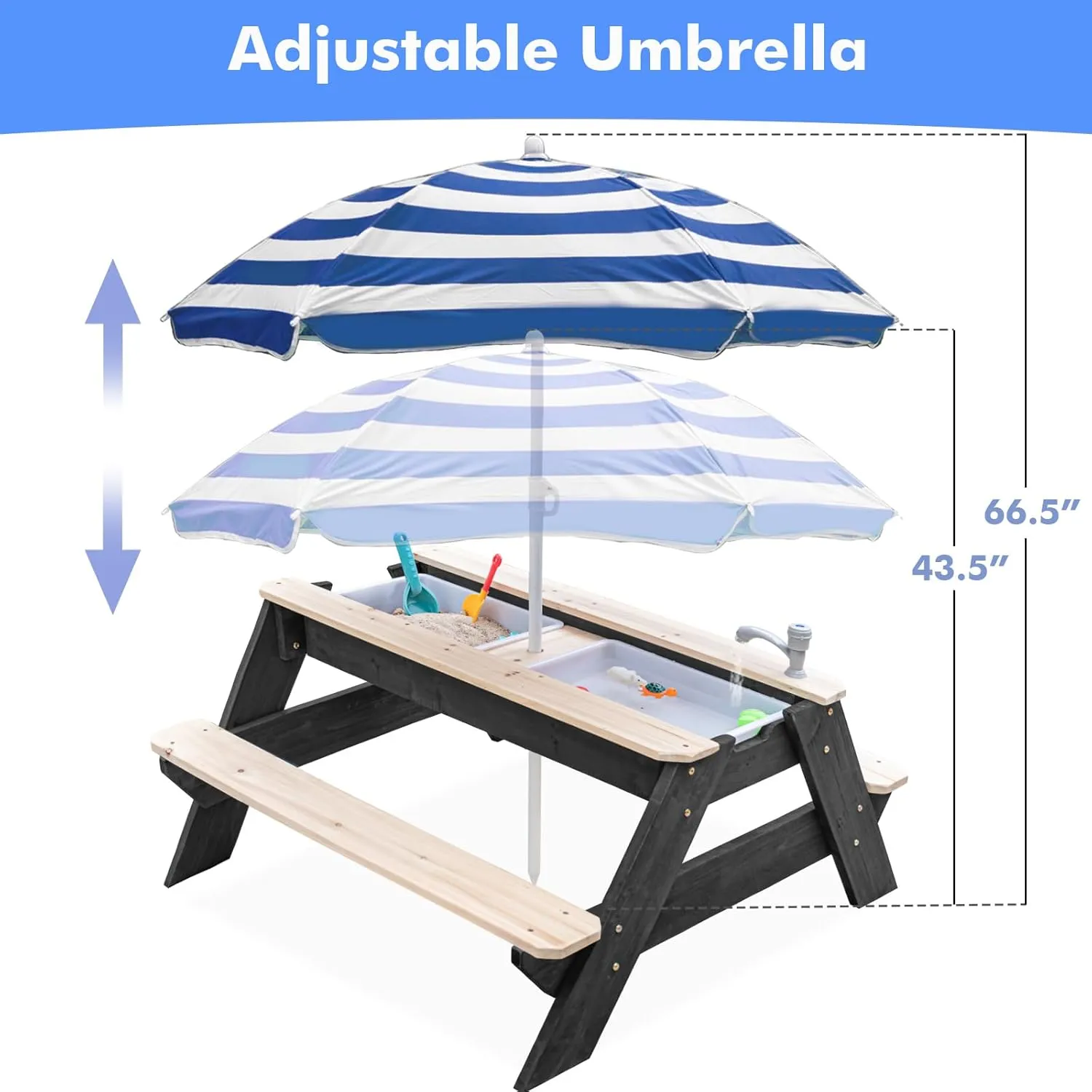 Kids 3-in-1 Sand & Water Table, Wood Outdoor Convertible Picnic Table with Umbrella, 2 Trays, Removable Top with Faucet, Picnic for Outdoor (Black/Navy)