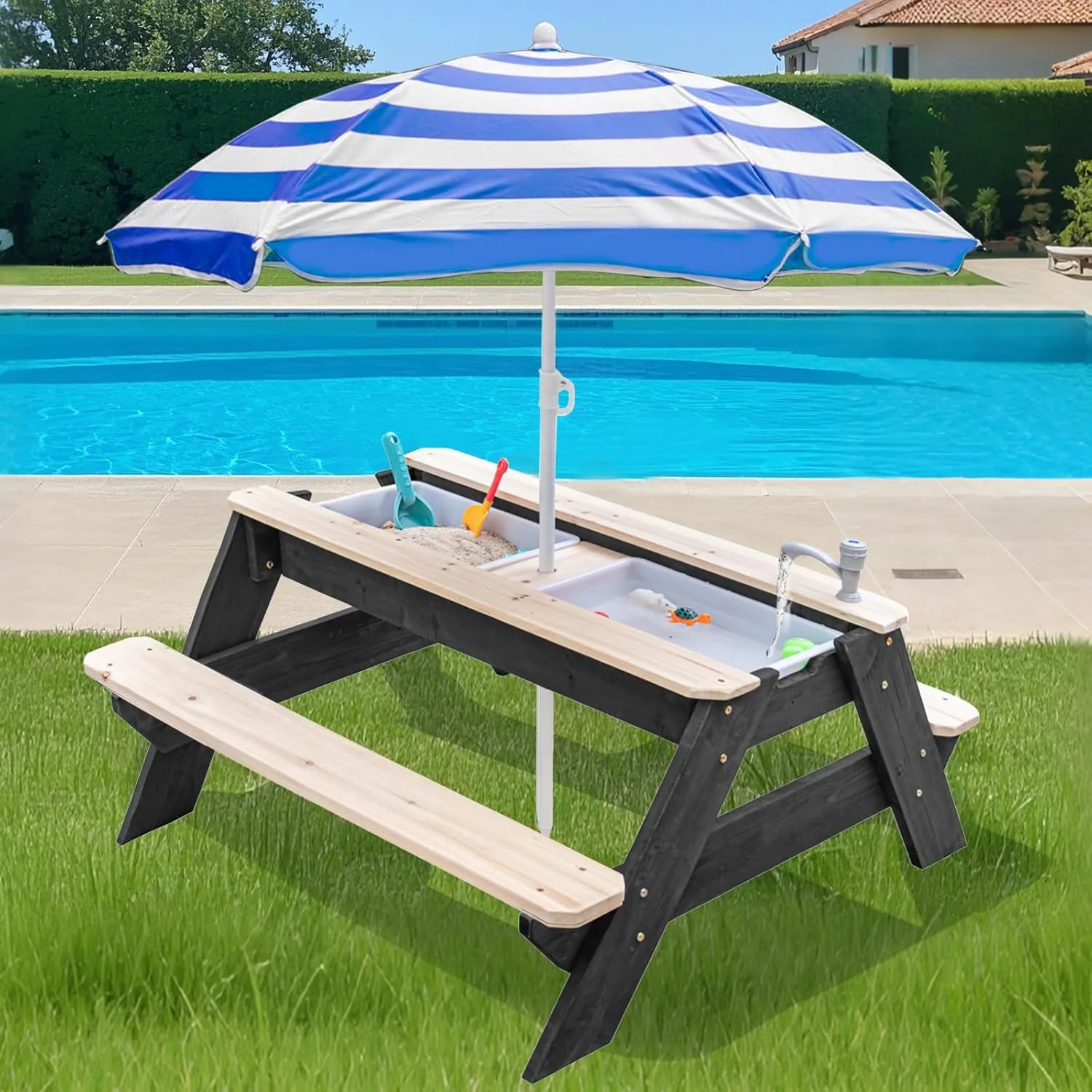 Kids 3-in-1 Sand & Water Table, Wood Outdoor Convertible Picnic Table with Umbrella, 2 Trays, Removable Top with Faucet, Picnic for Outdoor (Black/Navy)