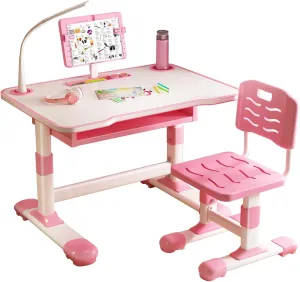 Kids Desk and Chair Set, Height Adjustable Children's Study Desk and Chair with Drawer, Toddlers Writing Table with Tiltable Reading Stand,Toddler Writing Homework Table for 3-18 yr Pink