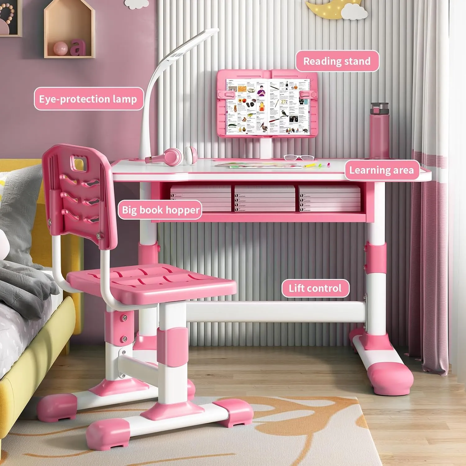 Kids Desk and Chair Set, Height Adjustable Children's Study Desk and Chair with Drawer, Toddlers Writing Table with Tiltable Reading Stand,Toddler Writing Homework Table for 3-18 yr Pink