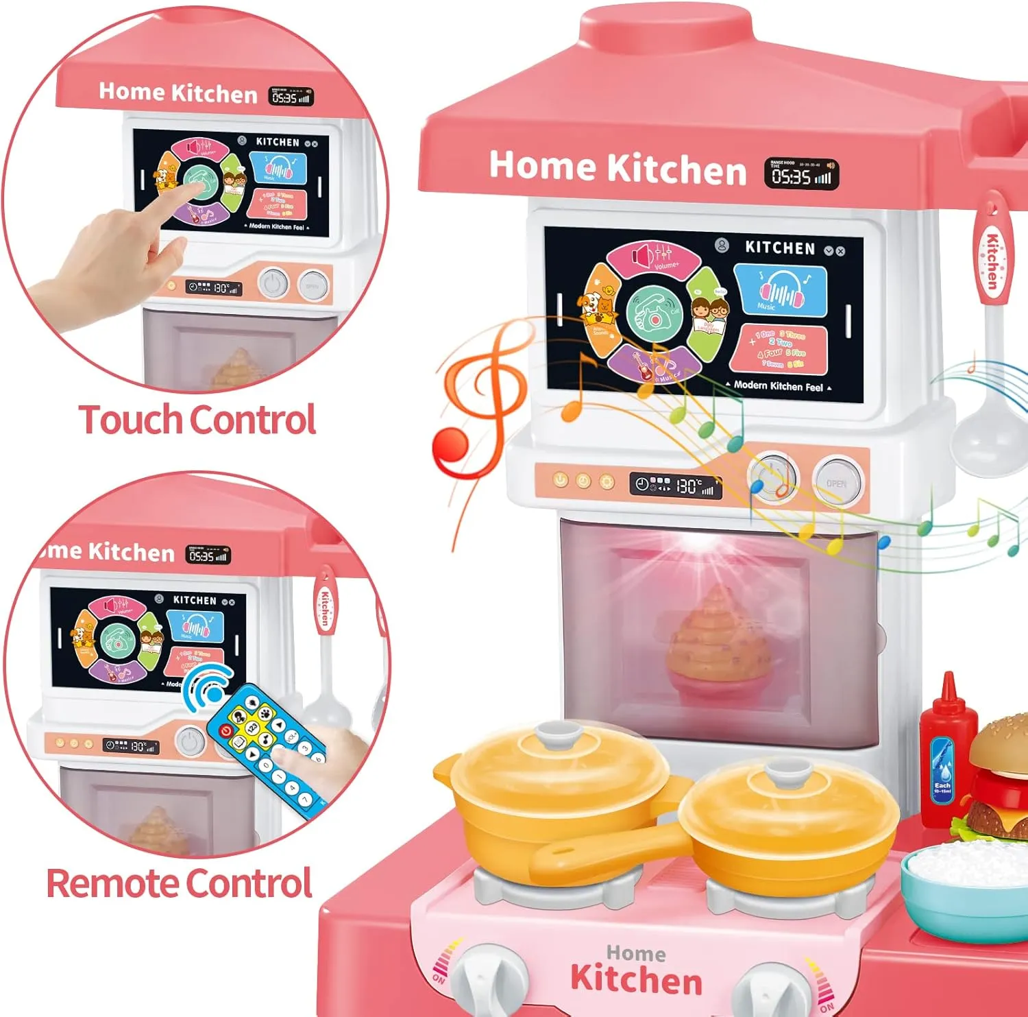 Kids Play Kitchen Playset, Toy Kitchen with Remote Control Lights and Music,Pretend Steam and Play Sink, Pink Kitchen Accessories Set for Kid, Toddler Birthday for Boy Girls