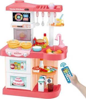 Kids Play Kitchen Playset, Toy Kitchen with Remote Control Lights and Music,Pretend Steam and Play Sink, Pink Kitchen Accessories Set for Kid, Toddler Birthday for Boy Girls