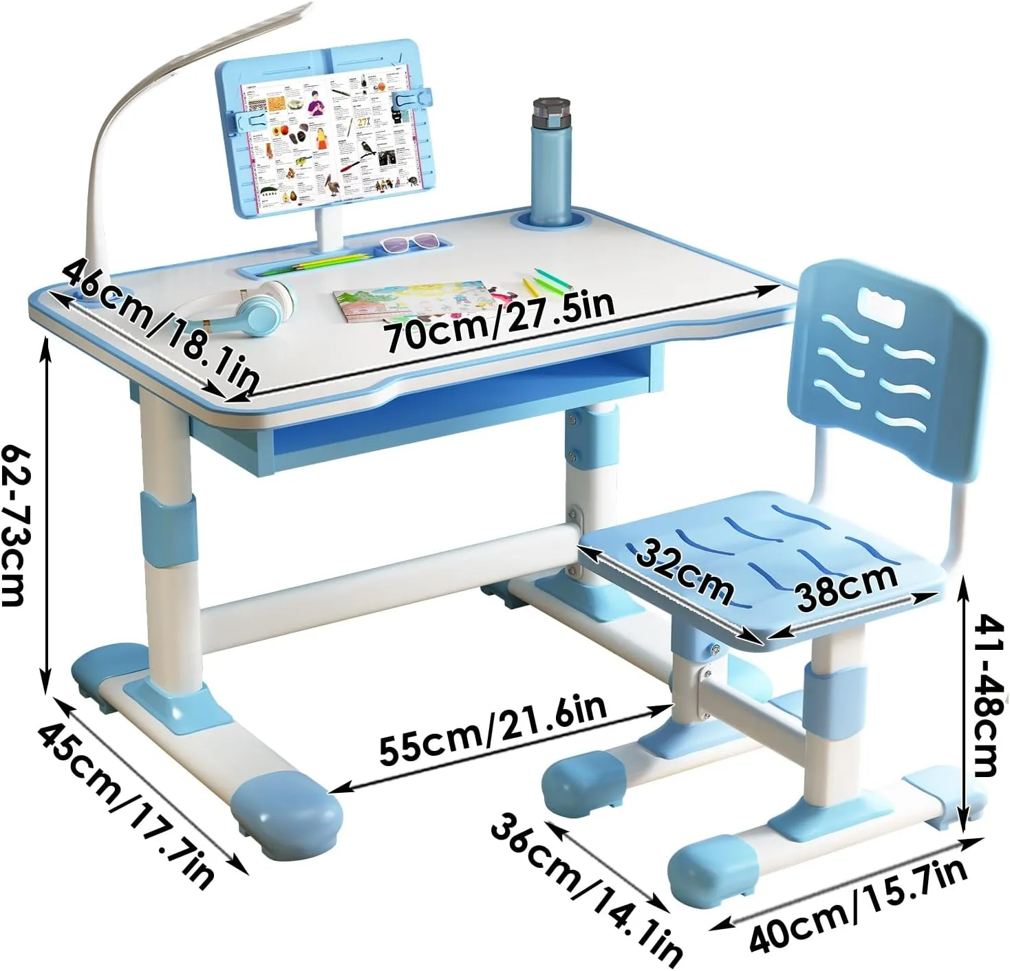 Kids Study Desk Chair Set,Height Adjustable Toddlers Writing Table with Tiltable Desktop & Large Drawer, Kids School Desk Children Learning Table for Girls Boys Blue