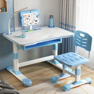 Kids Study Desk Chair Set,Height Adjustable Toddlers Writing Table with Tiltable Desktop & Large Drawer, Kids School Desk Children Learning Table for Girls Boys Blue