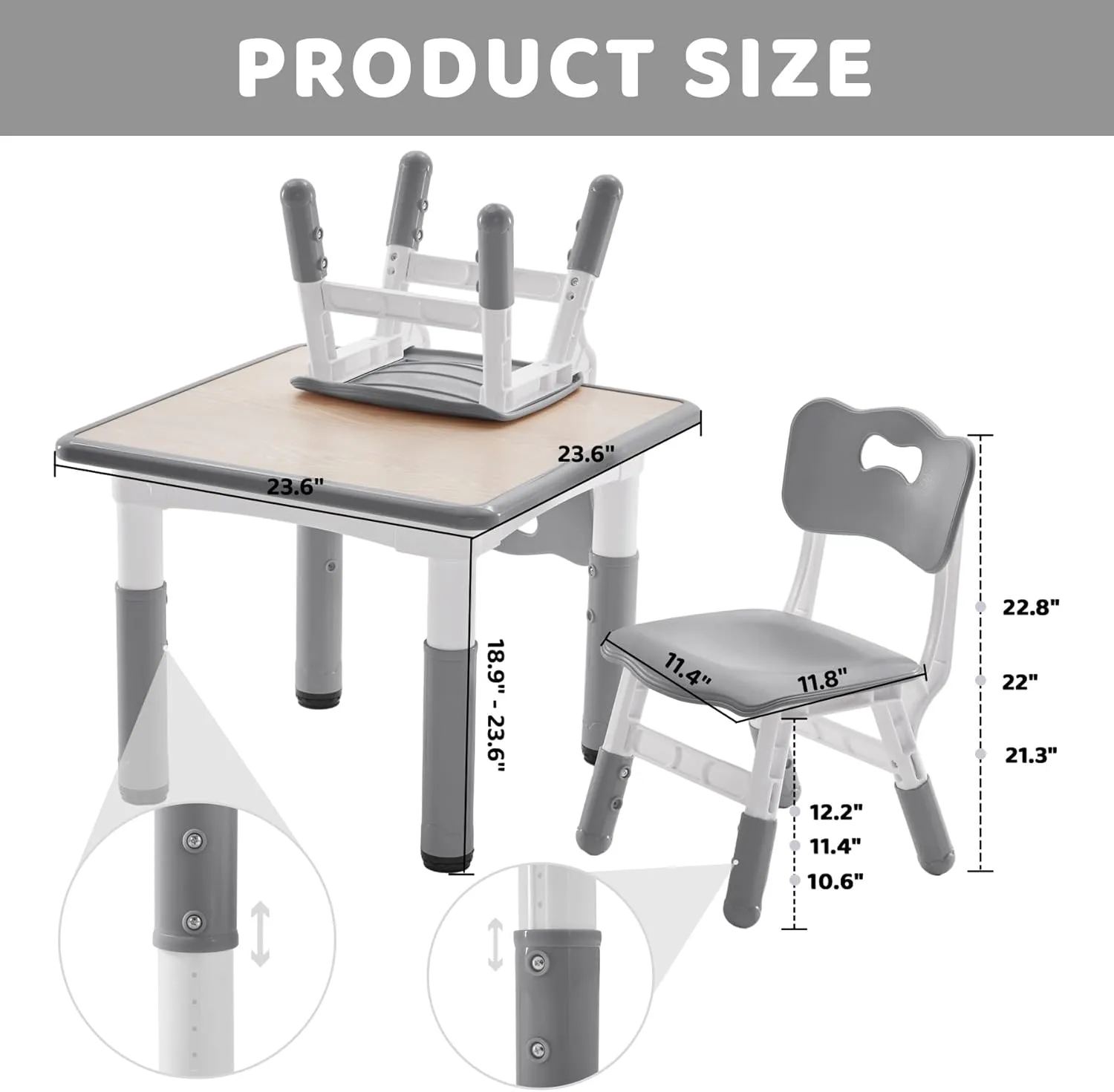 Kids Table and 2 Chairs Set, Height-Adjustable Toddler Table and Chairs Set with Graffiti Desktop, 23.6''L x 23.6''W Children Activity Table for Daycare, Classroom, Home