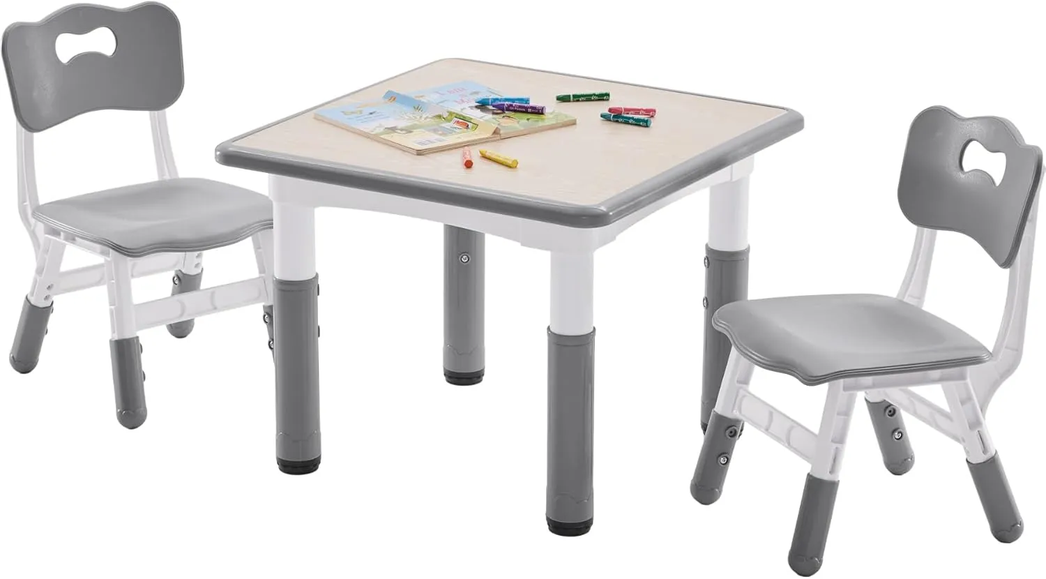Kids Table and 2 Chairs Set, Height-Adjustable Toddler Table and Chairs Set with Graffiti Desktop, 23.6''L x 23.6''W Children Activity Table for Daycare, Classroom, Home