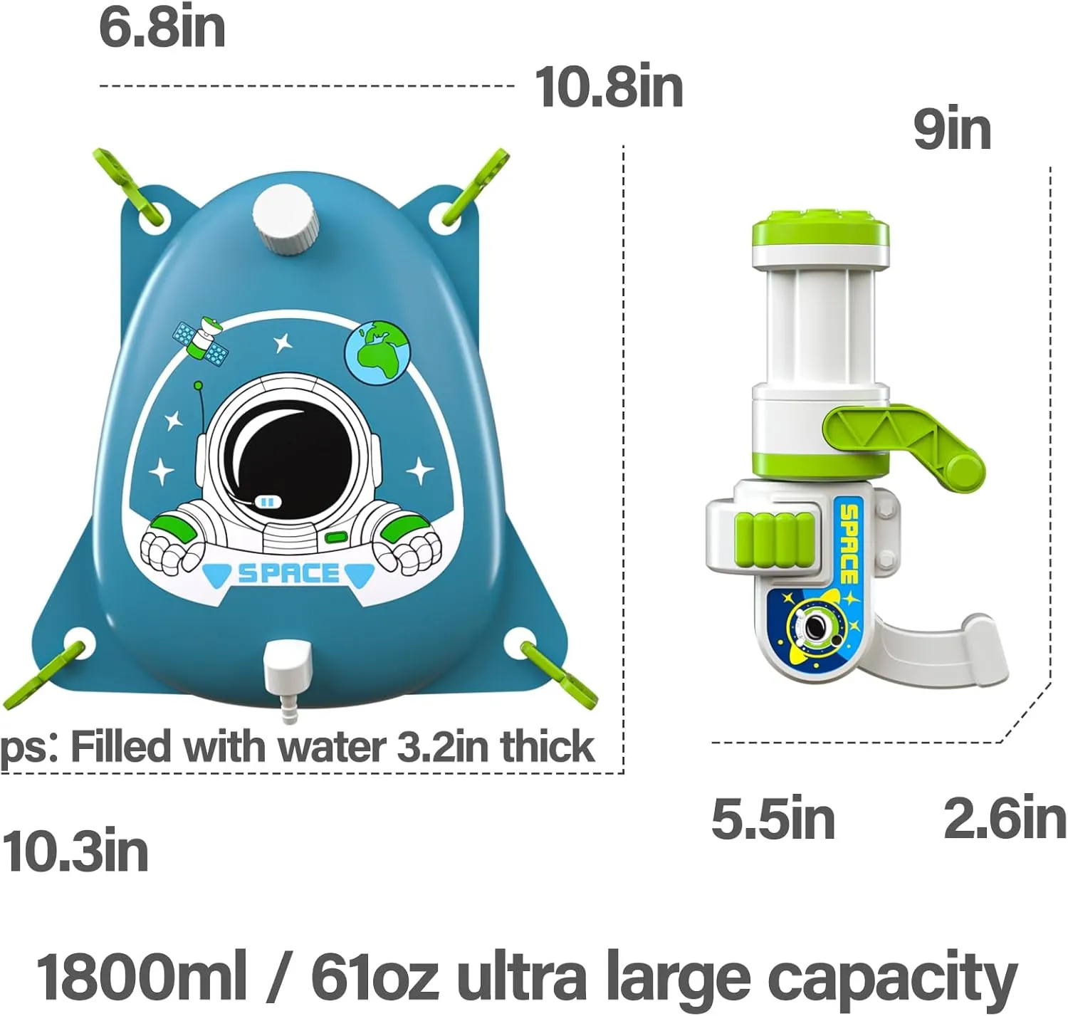 Kid's Water Gun Astronaut 1.8L Backpack Set, Cartoon Design, Pull Out Water Blaster, Summer Outdoor Remote Controlled Water Toys, Outside Backyard Fun Squirt Guns for Kids Ages 3 4 5 6 7 8