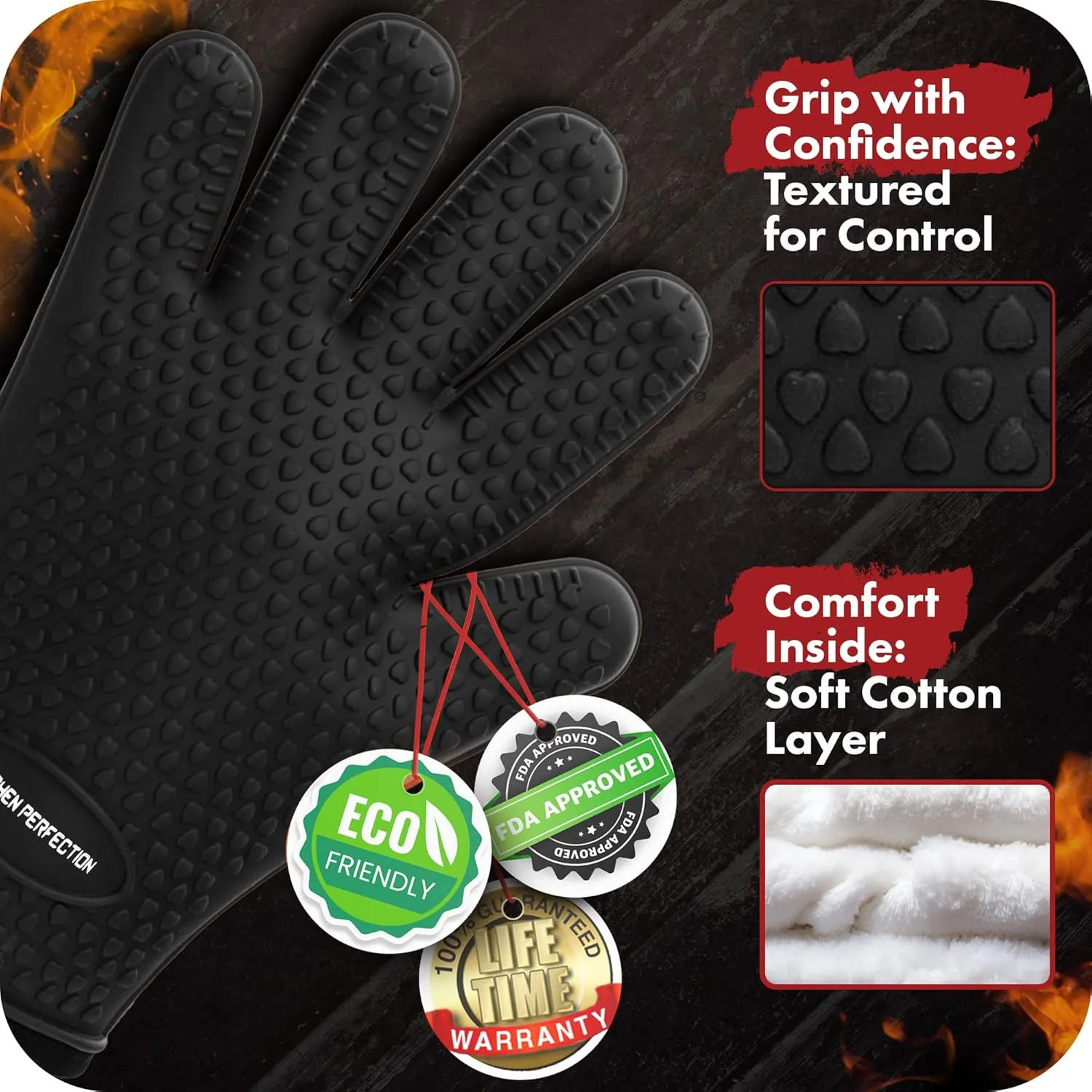 KITCHEN PERFECTION XL Silicone Smoker Oven Gloves-Extreme Heat Resistant BBQ Gloves-Handle Hot Food Right on Your Grill Fryer&Pit|Waterproof Grilling Cooking Baking Mitts|Superior Value Set 3 Bonuses