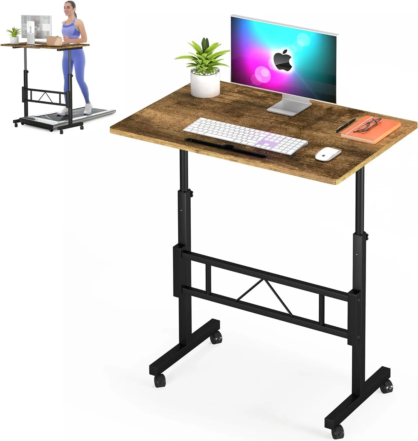 Klvied Small Standing Desk Adjustable Height, Mobile Table with Wheels, Portable Laptop Table, Standing Computer Desk for Walking Pad (Brown)