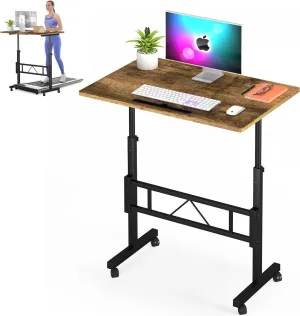 Klvied Small Standing Desk Adjustable Height, Mobile Table with Wheels, Portable Laptop Table, Standing Computer Desk for Walking Pad (Brown)