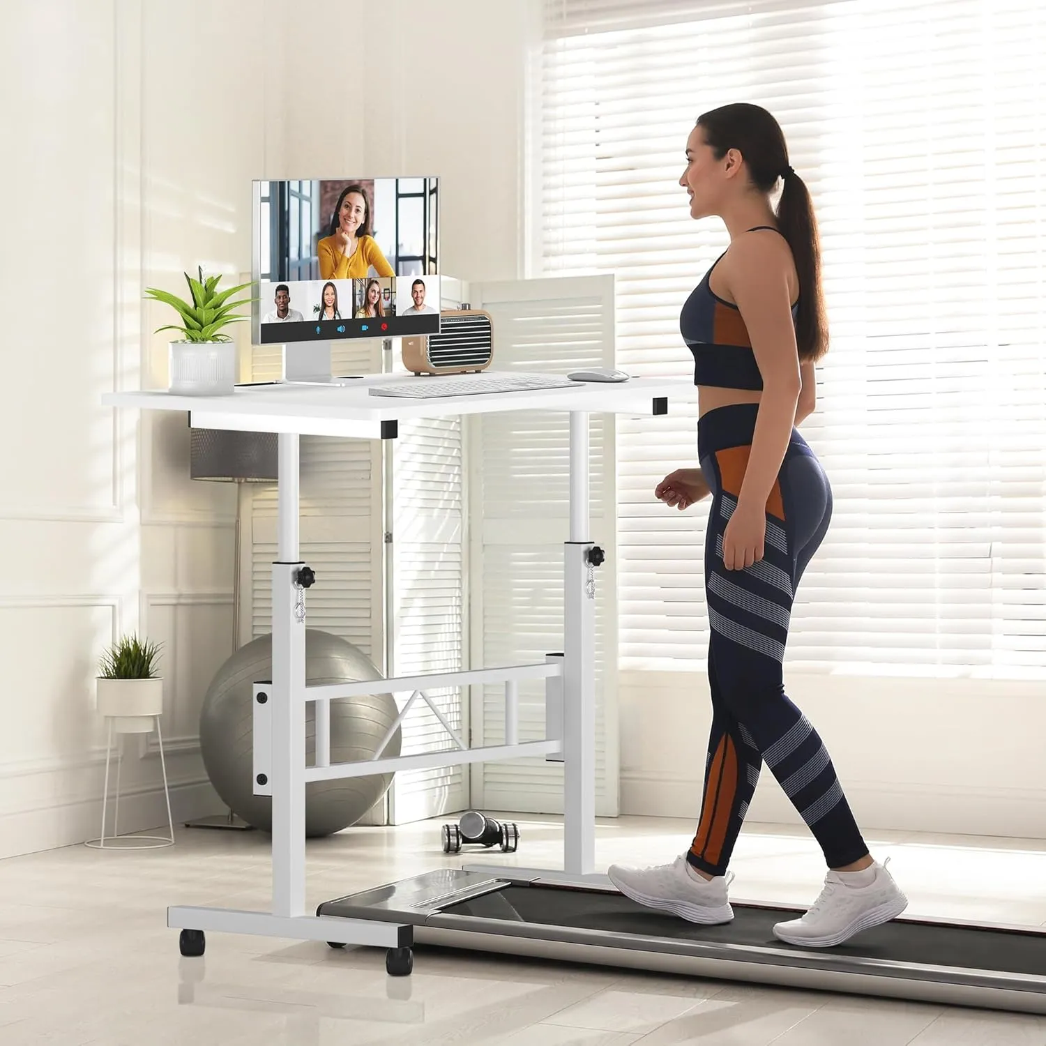 Klvied Small Standing Desk Adjustable Height, Mobile Table with Wheels, Portable Laptop Table, Standing Computer Desk for Walking Pad (White)