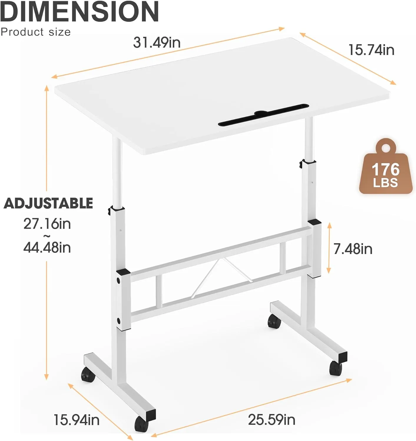 Klvied Small Standing Desk Adjustable Height, Mobile Table with Wheels, Portable Laptop Table, Standing Computer Desk for Walking Pad (White)