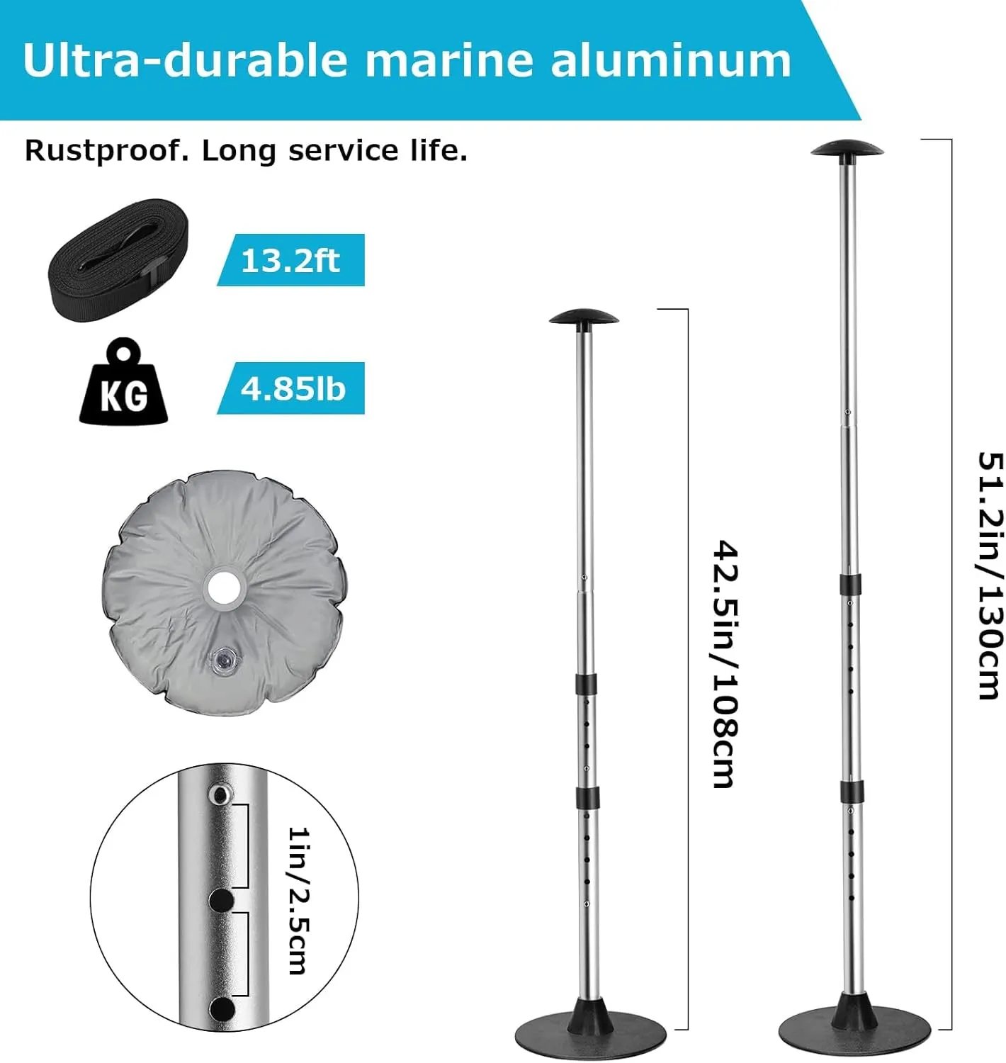 KOMCLUB Boat Cover Support Poles Adjustable Support Poles Silver 2 Pcs for Extension Telescopic Support Pole Height of 22.4”-51.2” Poles for Boat Cover with Webbing Strap Weight Bag