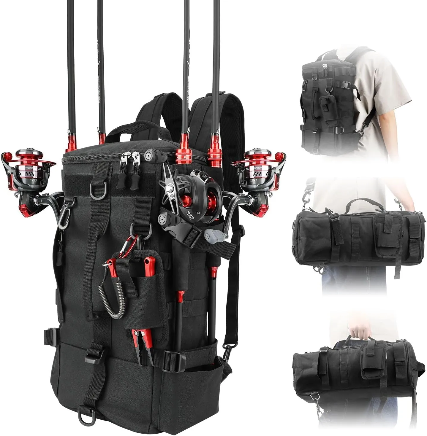 KOMCLUB Fishing Bag Black Fishing Sling Tackle Storage Backpack Outdoor Large Fishing Bag with Waterproof Rain Cover Fishing Gifts for Men