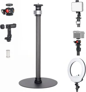 Koolehaoda Tripod Stand Extendable Monopod Carbon Fiber Pole wiht Round Base for Desk, 360° Rotatable Ballhead Tabletop Webcam Stand for DSLR Camera, Light, Webcam, Live Streaming, Vlogging