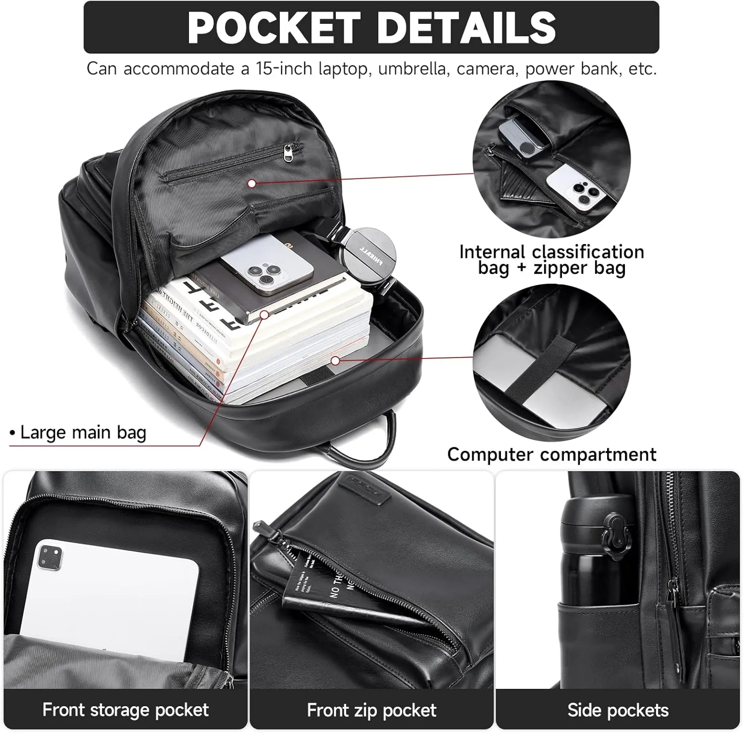 Laptop Backpack For Men Women Waterproof 15 Inch Pu Leather Black Casual Backapck For Work Business Travel College