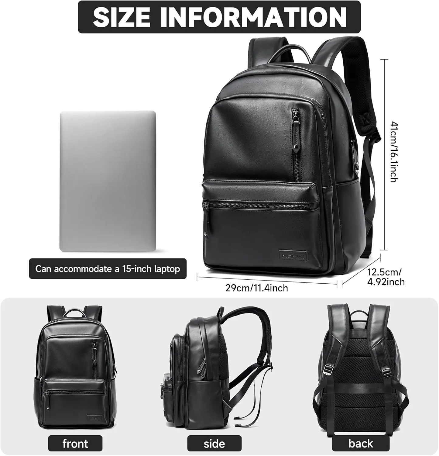 Laptop Backpack For Men Women Waterproof 15 Inch Pu Leather Black Casual Backapck For Work Business Travel College