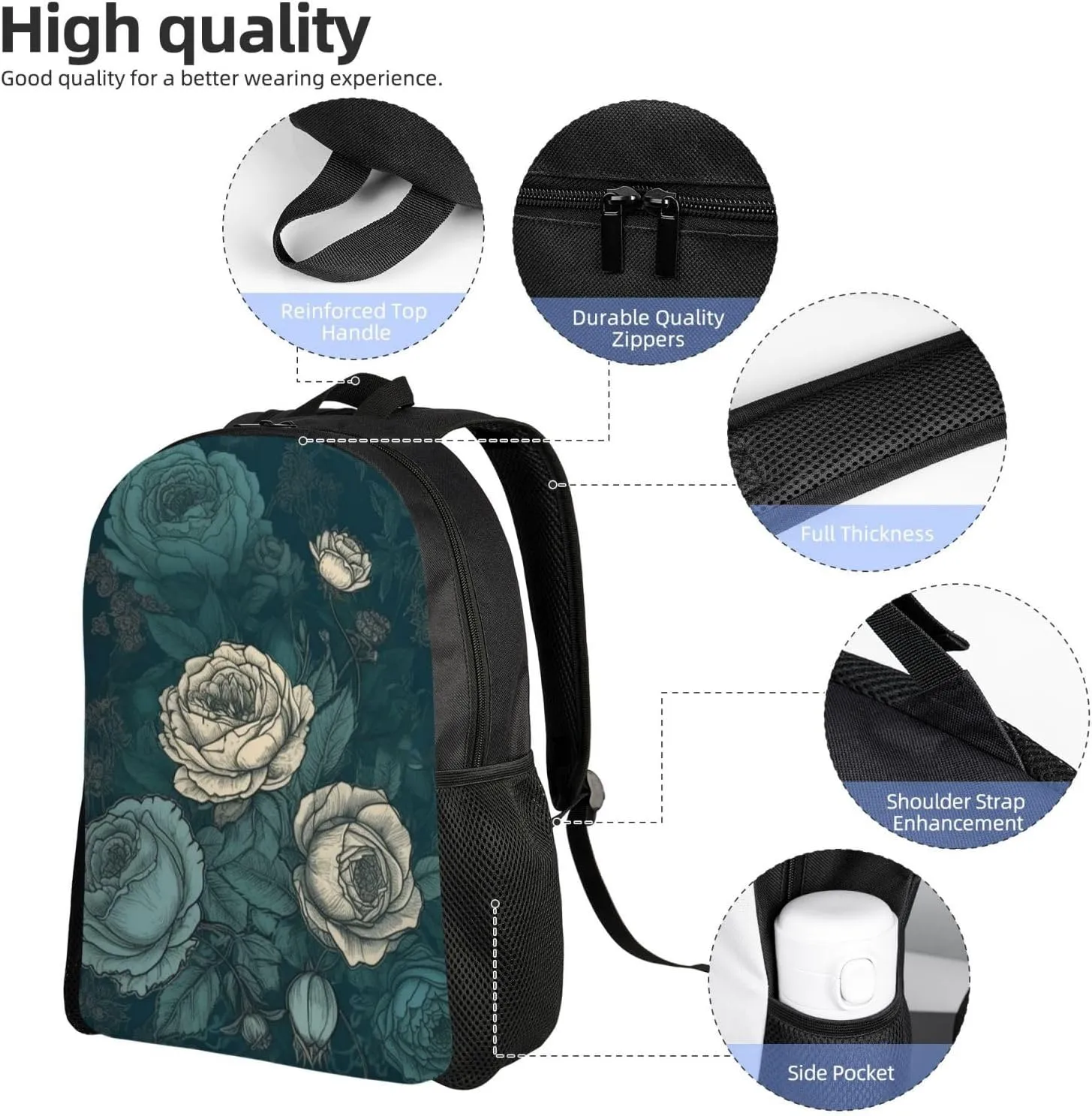 Laptop Backpack for Women Men Carry-on Backpack White Roses and Blue Roses Daypack Lightweight Travel Shoulder Bags