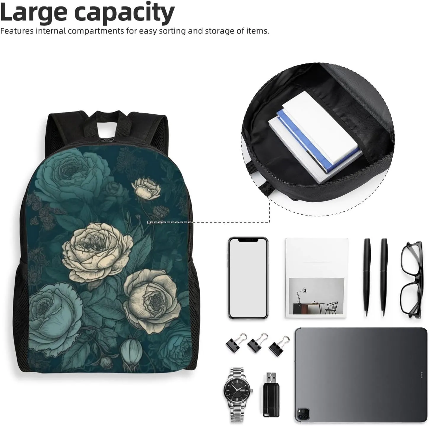 Laptop Backpack for Women Men Carry-on Backpack White Roses and Blue Roses Daypack Lightweight Travel Shoulder Bags