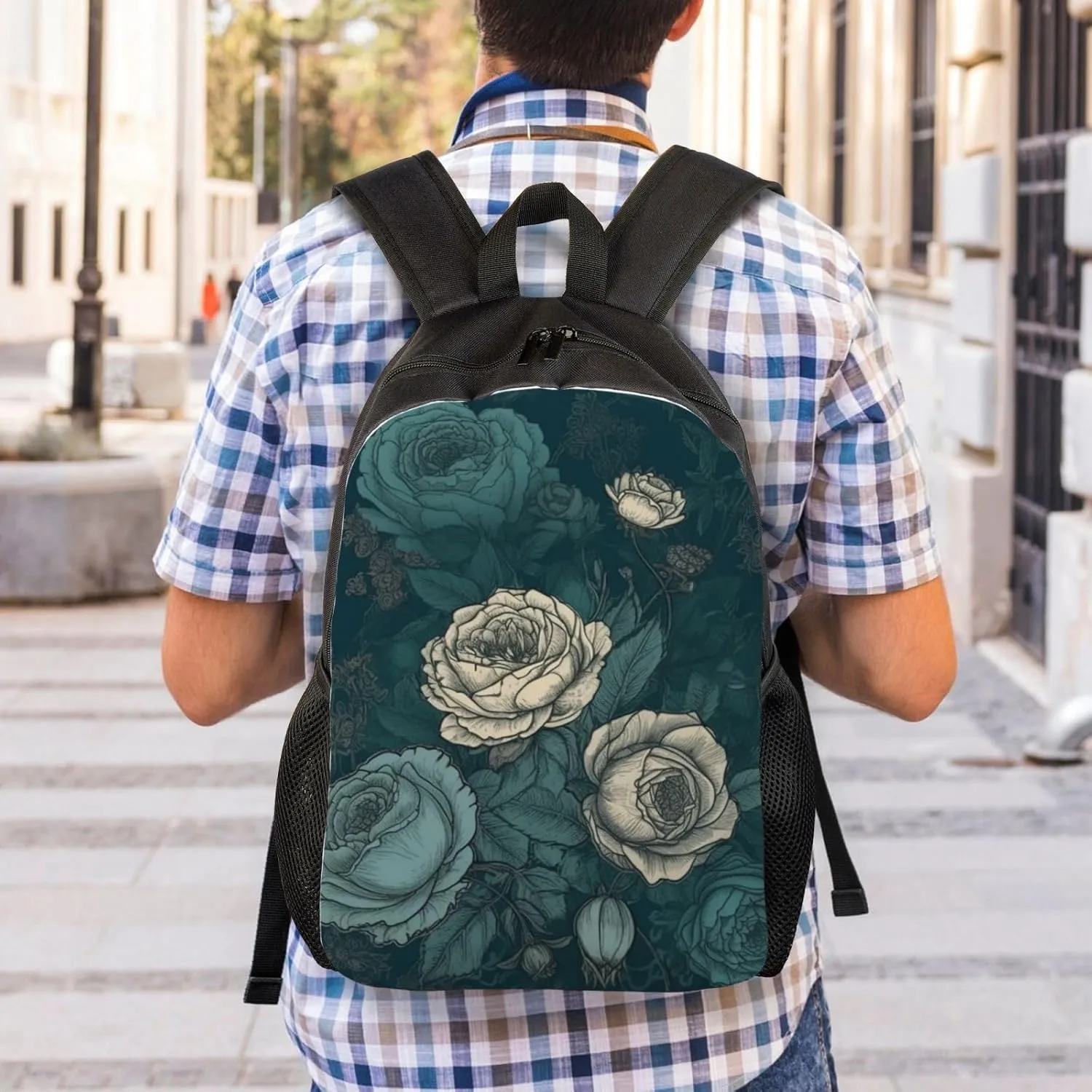 Laptop Backpack for Women Men Carry-on Backpack White Roses and Blue Roses Daypack Lightweight Travel Shoulder Bags