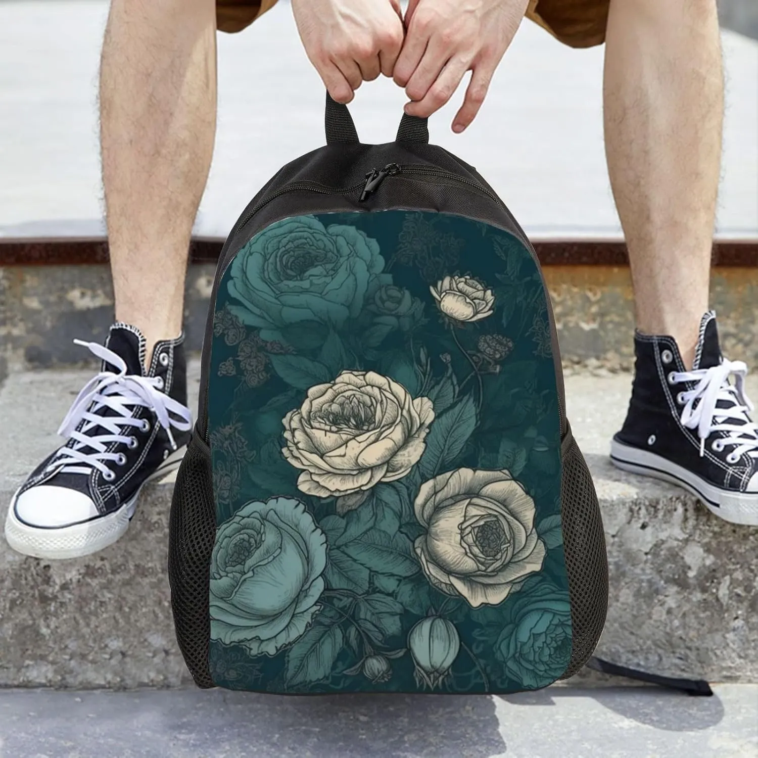 Laptop Backpack for Women Men Carry-on Backpack White Roses and Blue Roses Daypack Lightweight Travel Shoulder Bags