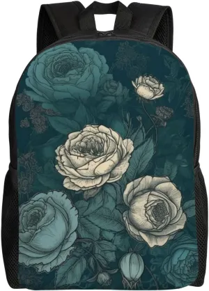 Laptop Backpack for Women Men Carry-on Backpack White Roses and Blue Roses Daypack Lightweight Travel Shoulder Bags