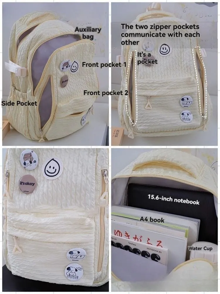 Large Capacity Textured Waterproof Backpack with pins and Accessories small cosmetic bag (Green)