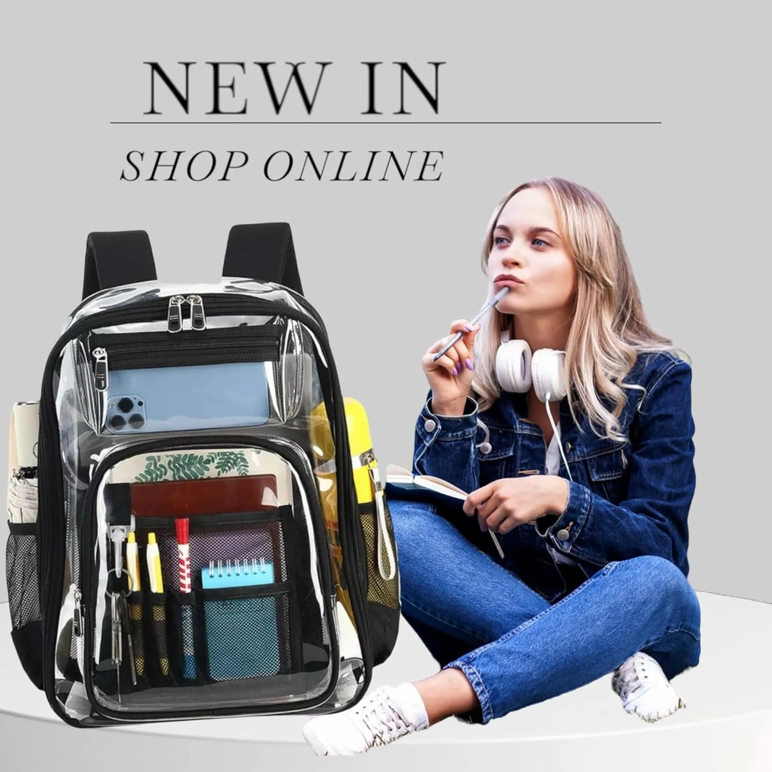 Large Clear Backpack Mesh BookBag (Unisex) Backpack Heavy Duty PVC Backpack with Reinforced Strap for College Workplace,Airport Stadium Access (BLACK)