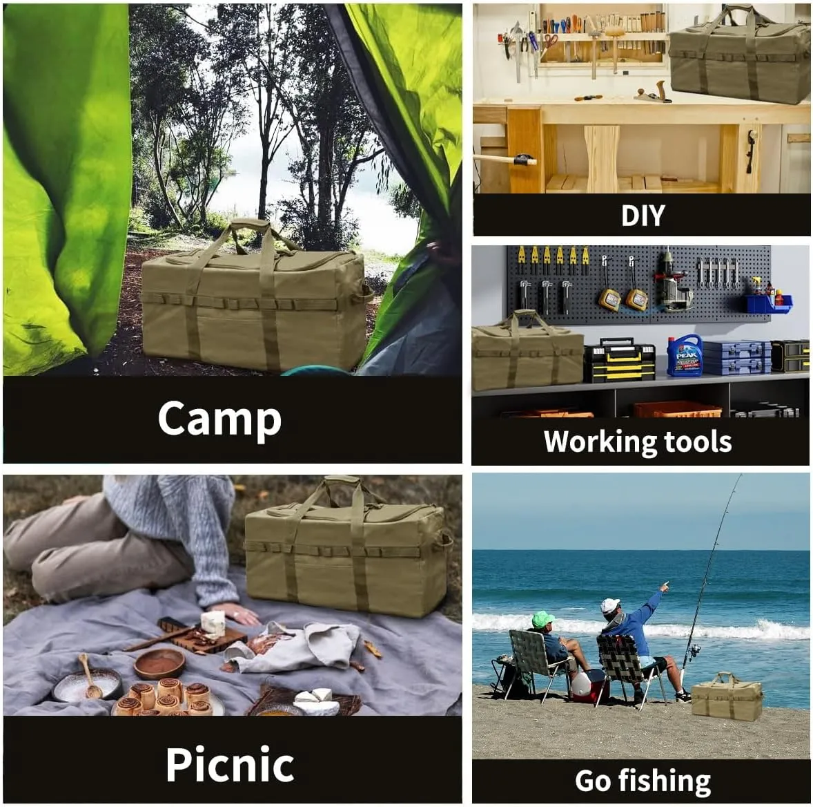Large Military Duffle Bag Tactical Camping Storage Utility Tote Bag Camping Kitchen Organizer with Deployment Cargo Bag Travel Sports Equipment (Khaki, Medium 25.59"x13.78"x13.78")