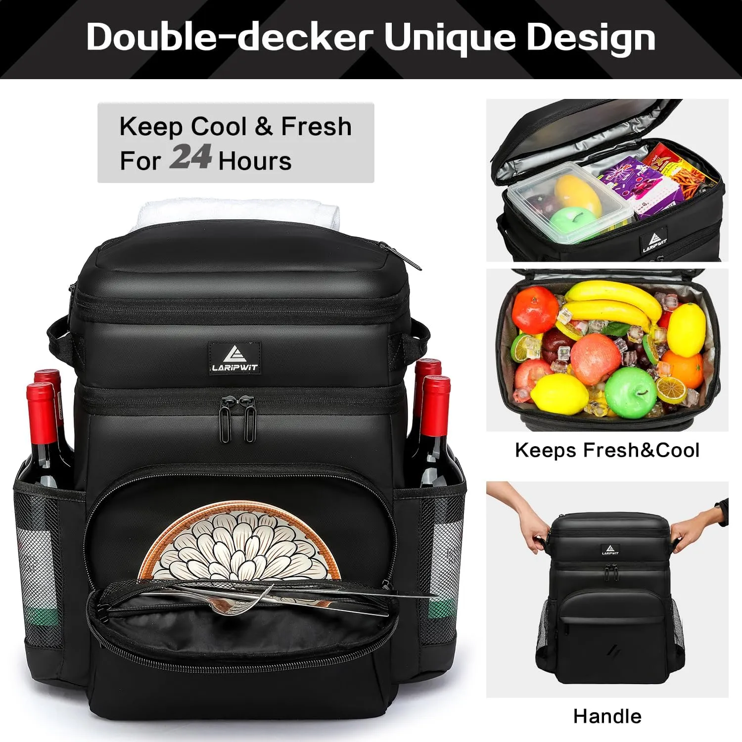 Laripwit Picnic Backpack Cooler Bag - 54 Cans Black Insulated Leak-Proof Lunch Backpack With Cooler Compartment, Large Double Deck Soft Bag for Beach, Camping, Travel